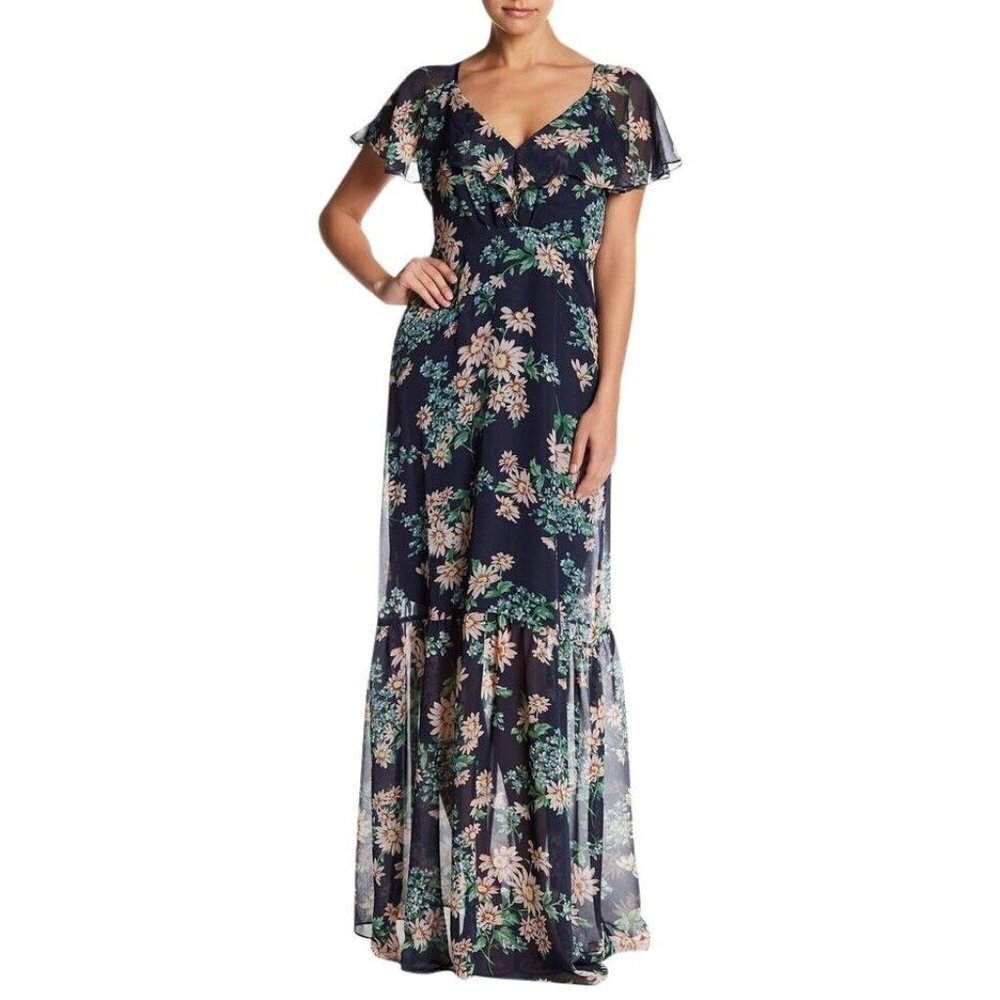 Betsey Johnson Size 14 Chiffon Flutter Sleeve Maxi Dress Open Back Dressy Event